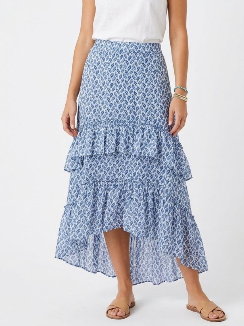 H&M Blue White Foulard Leaf Tiered Ruffle High Low Maxi Skirt M boho resort
